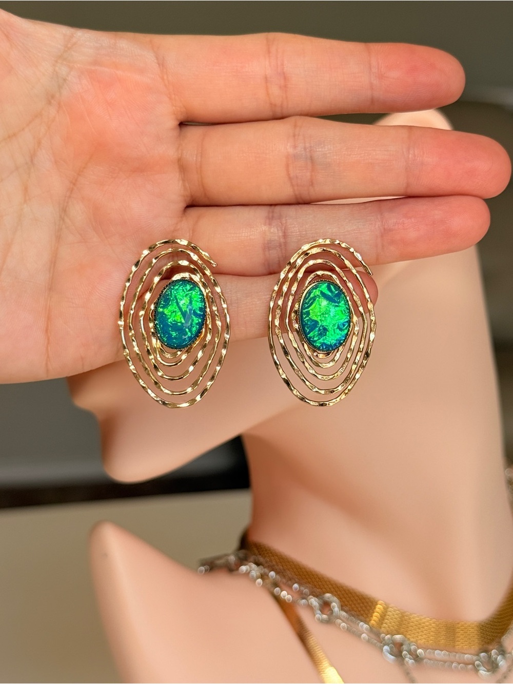 Gold-Tone Teardrop Earrings with Emerald-Green Stone